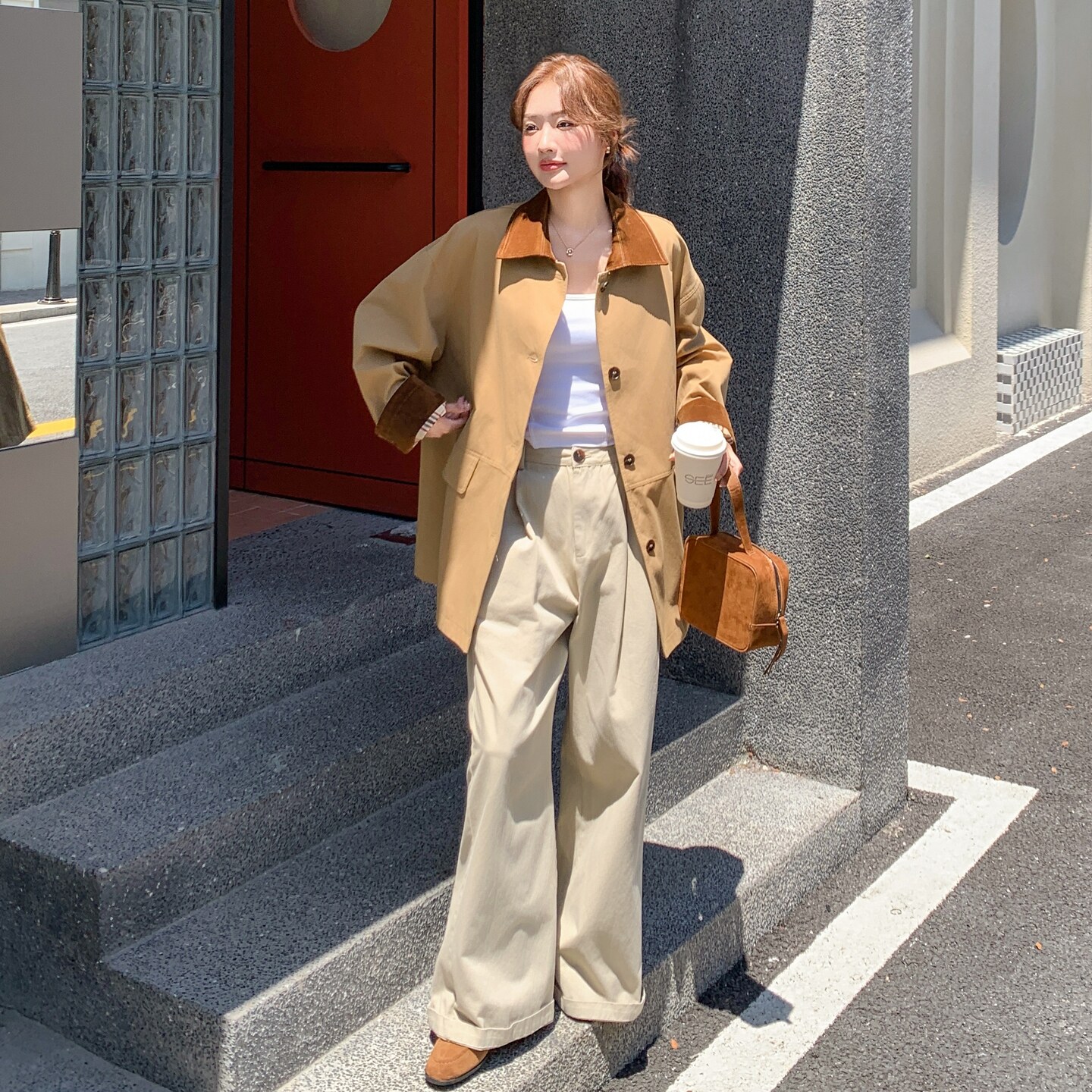 卡其色韩系撞色中长款宽松oversize百搭经典风衣外套2025年秋季女,女装风衣,2C211