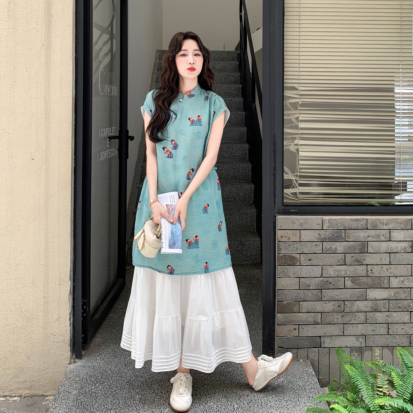 新中式国风印花盘扣旗袍套装裙女2025夏季新款温柔气质显瘦两件套,女装套装/套裙,2C211
