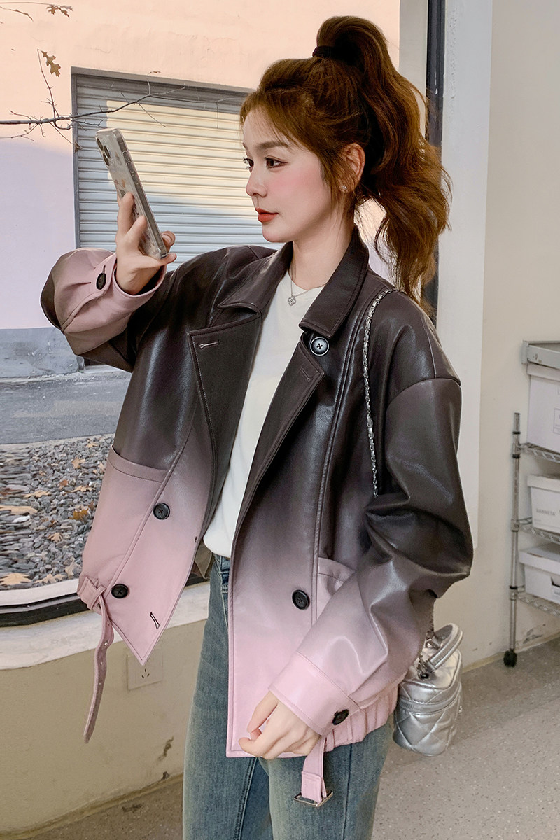 新品春款高品质粉色渐变皮衣外套C211-818-P185控258,女装皮衣,2C211