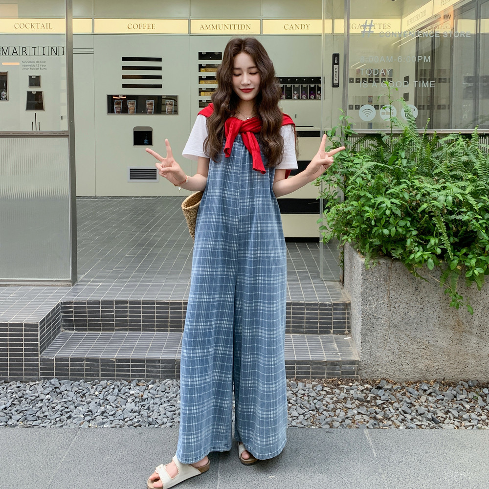 新品格子牛仔背带阔腿裤C211-887-P130控188,女装连体裤,2C211