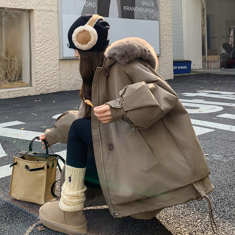 咖色大毛领工装羽绒服女2025冬季新款高级感超好看90白鸭绒派克服,女装羽绒服,2C211