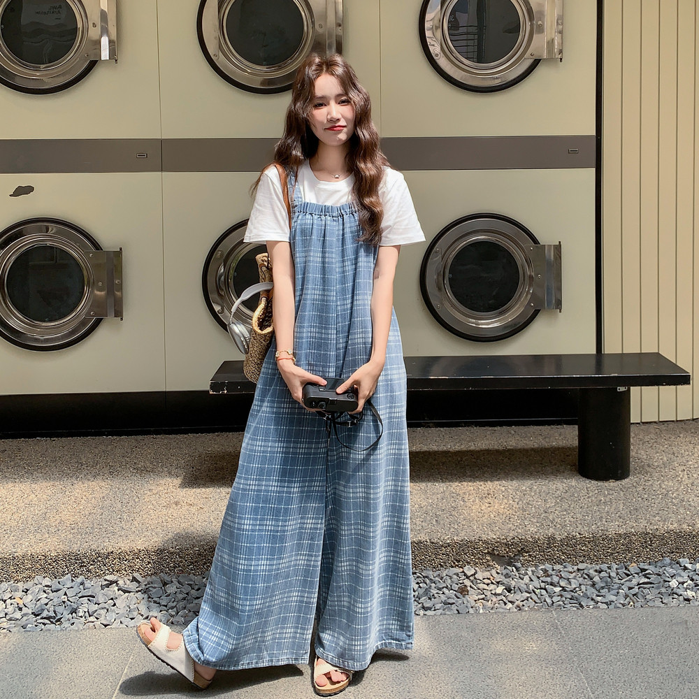 新品格子牛仔背带阔腿裤C211-887-P130控188,女装连体裤,2C211