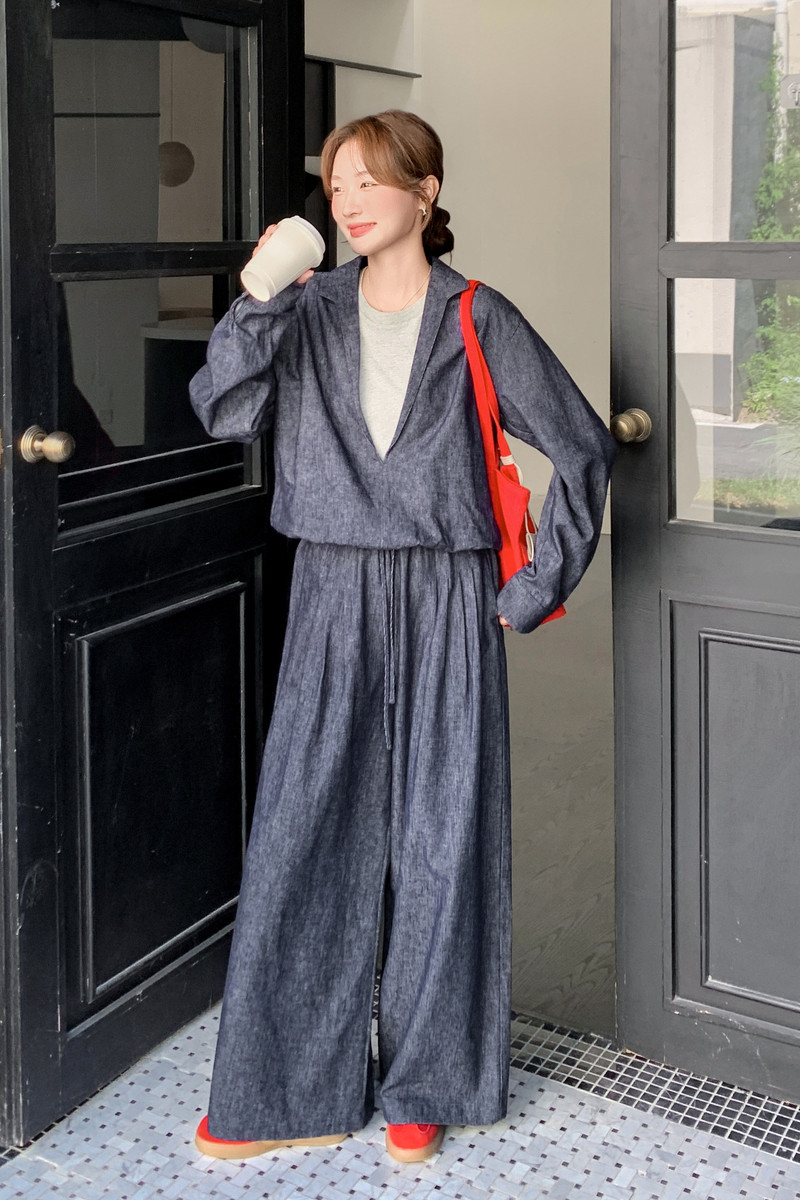 新品25秋季牛仔假两件上衣+阔腿裤2C211-961-P185控268,女装套装/套裙,2C211