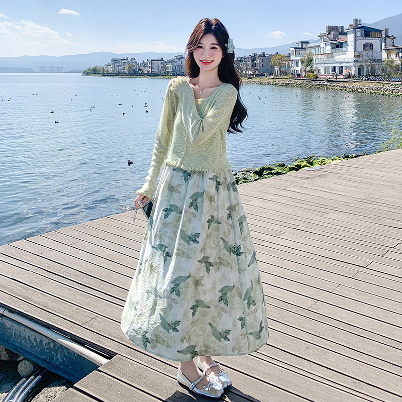 浅绿色针织开衫碎花吊带连衣裙女夏2025新款独特漂亮两件套清纯系,女装套装/套裙,2C211