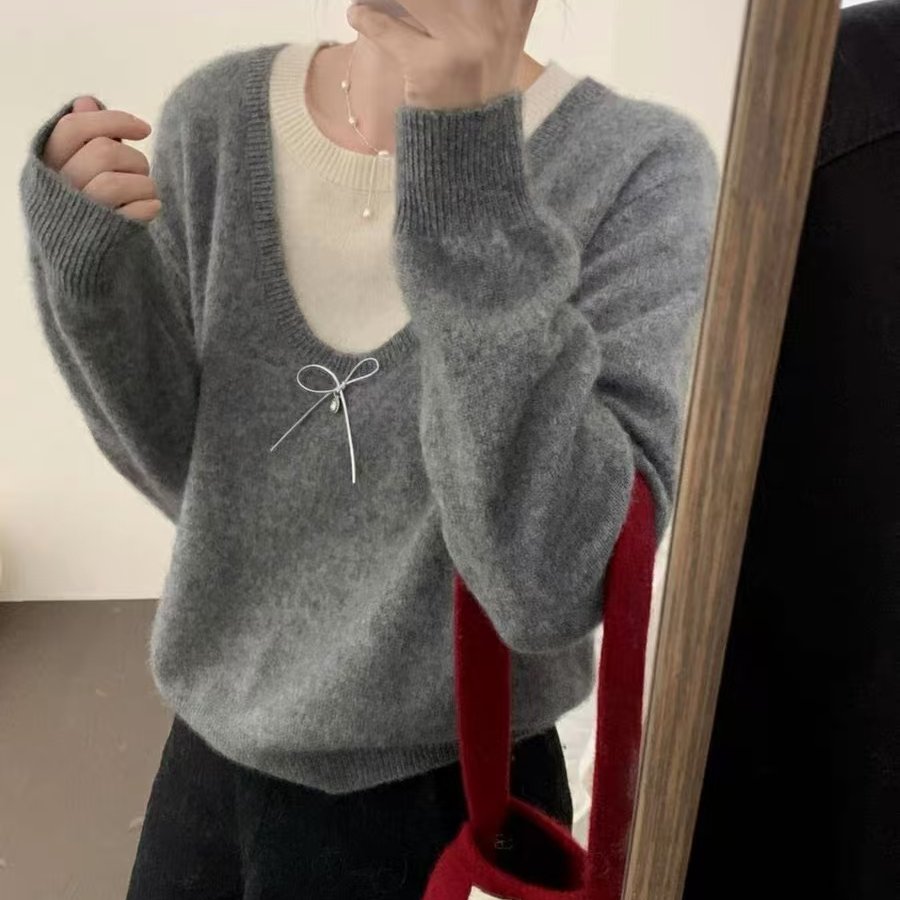 格雷系miu风灰色假两件针织衫女秋冬宽松小香风毛衣打底内搭上衣