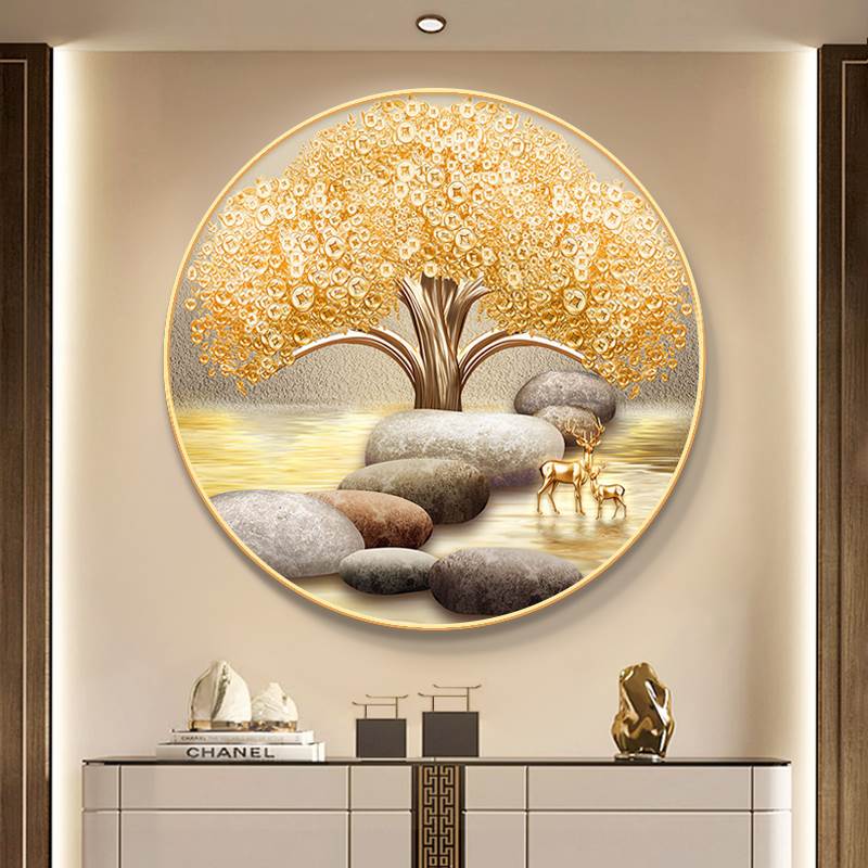发财树入户玄关装饰画餐厅圆形背景墙挂画客厅石来运转走廊过道画图片