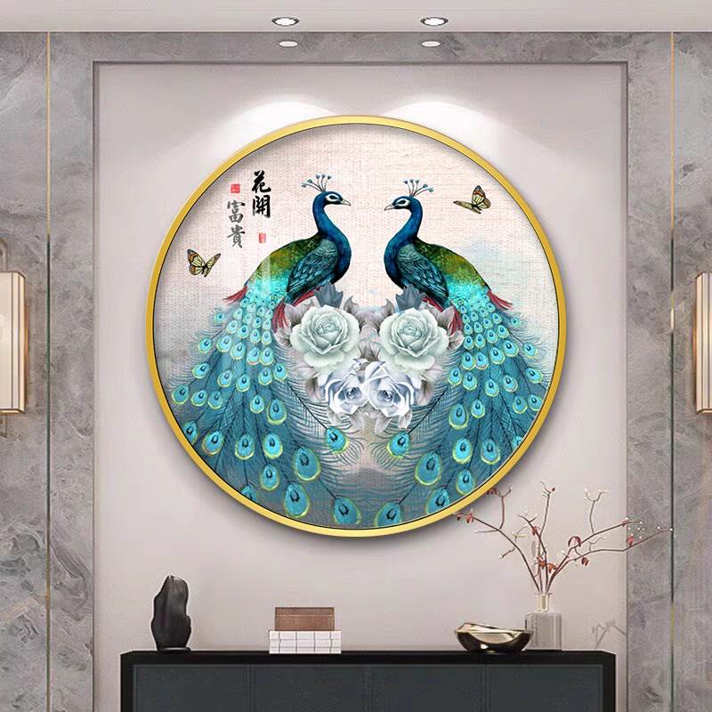 新中式孔雀圆形玄关装饰画国风花开富贵挂画牡丹凤凰玄幻客厅房间图片
