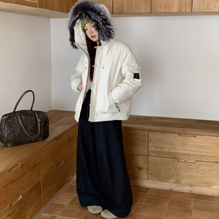 貉子毛领连帽工装派克羽绒服女短款冬加厚白鸭绒复古防风保暖外套