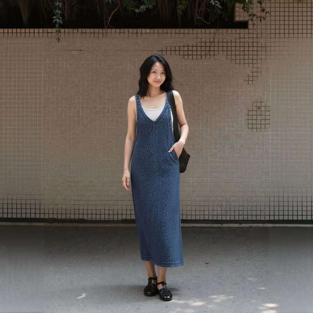班洛BANLUO|【蓝调轻语】减龄复古港风牛仔背带直筒连衣裙LYQ1012