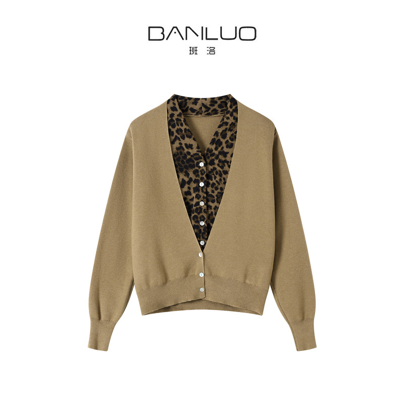 BANLUO豹纹拼接V领羊毛针织衫