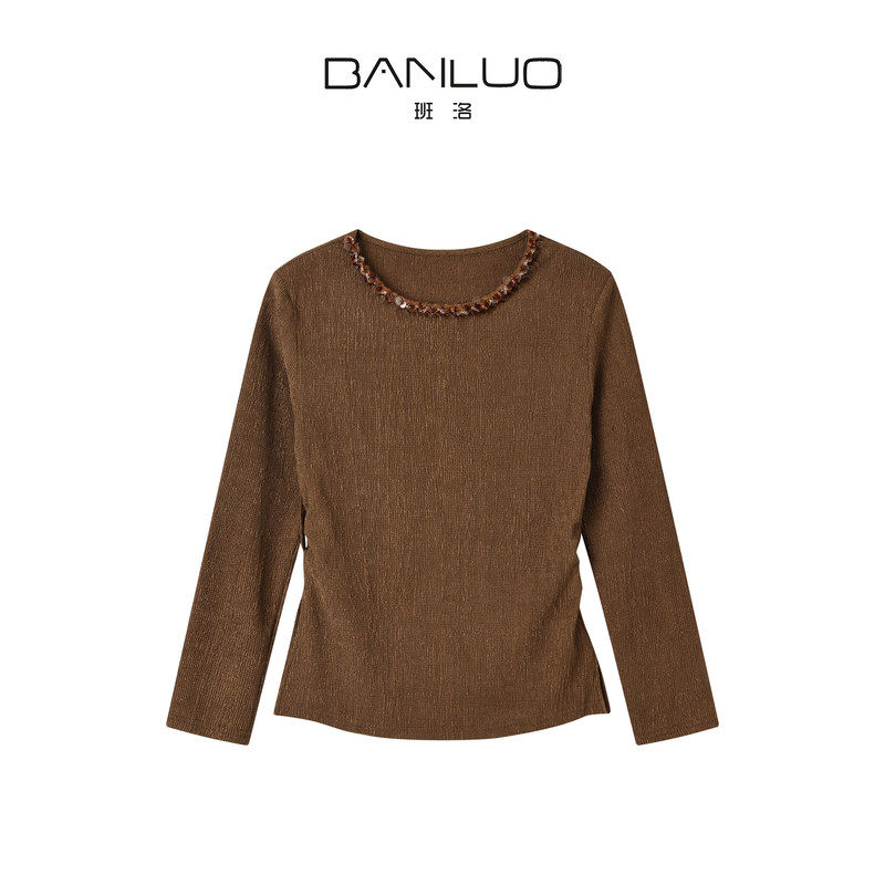 BANLUO|【暮棕绮序】美拉德珠片领收褶显瘦肌理感上衣SY1074