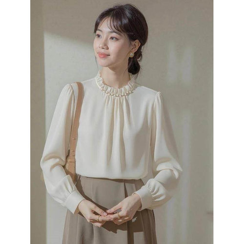 班洛BANLUO|【珍珠女士】春季新款减龄百搭木耳领长袖衬衫SY1006