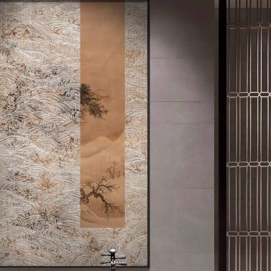 新中式风景浮雕肌理挂画客厅茶室玄关走廊壁画山水松树高档装饰画图片