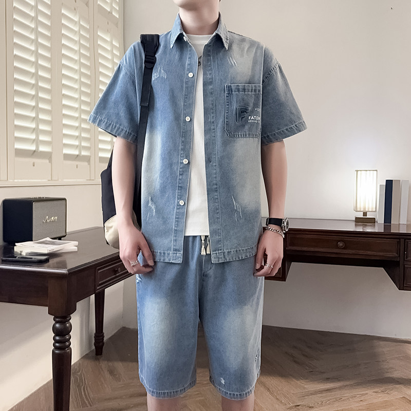 2026夏季男士牛仔衬衫短袖短裤套装时尚潮流中青少年