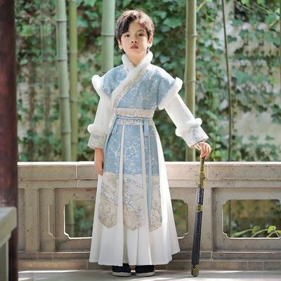 儿童唐装男童汉服冬季加绒加厚演出服表演服新年演出少爷服