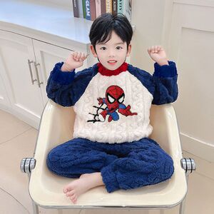 男童睡衣加厚加绒法兰绒冬季保暖儿童家居服卡通蜘蛛侠珊瑚绒套装