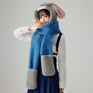 帽子秋冬新款女朱迪三件套防寒毛绒连帽围巾一体保暖手套护耳围脖