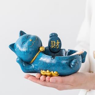 潮流办公桌家用客厅防飞灰带盖开业王金 创意可爱猫烟灰缸个性