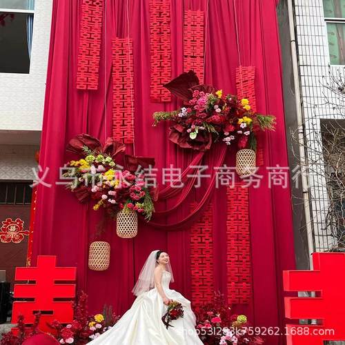 婚礼场景布置酒红色金丝绒布结婚舞台背景周岁生日订婚宴现场布幔