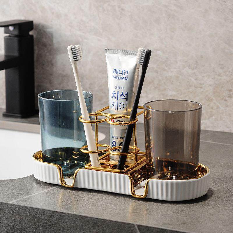 轻奢电动牙刷置物架漱口杯刷牙杯洗漱套装卫生间收纳盘免打孔