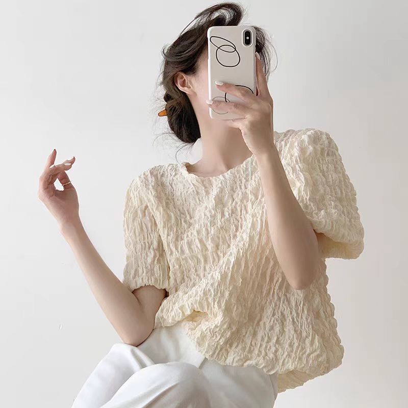 MAIZI夏装新款大码女装韩款胖MM泡泡格百搭短袖衬衫上衣