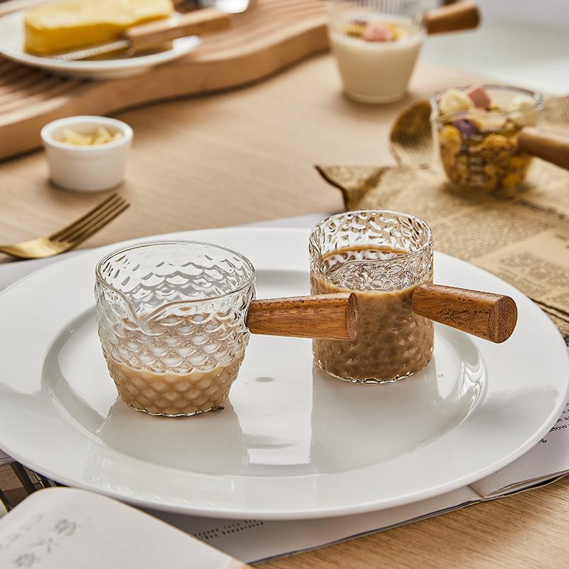 带刻度咖啡小奶盅意式浓缩杯咖啡萃取木柄奶壶复古盎司量杯牛奶壶