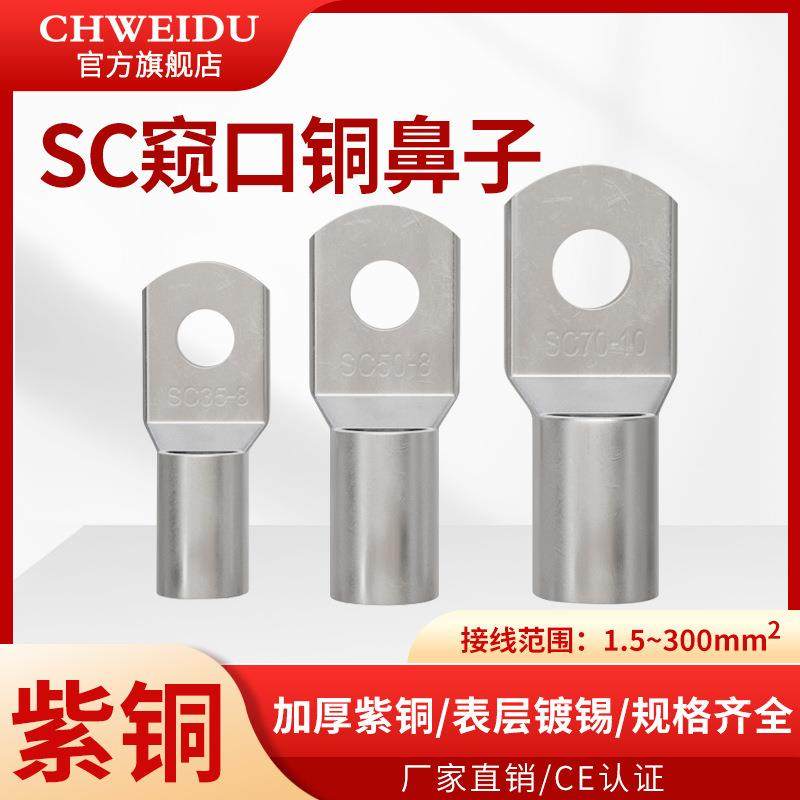 SC铜鼻子6/10/16/25/35/50/70平方窥口镀锡线耳接线端子头接线鼻