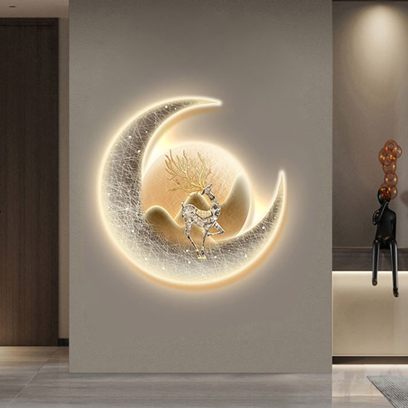 圆形月亮麋鹿挂画带灯玄关进门入户卧室床头装饰画走廊背景墙壁画图片