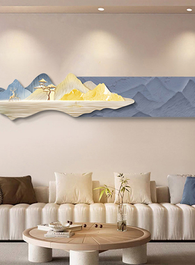 卧室山水蓝色客厅装饰画带灯沙发背景墙挂画奶油风肌理油画金山壁