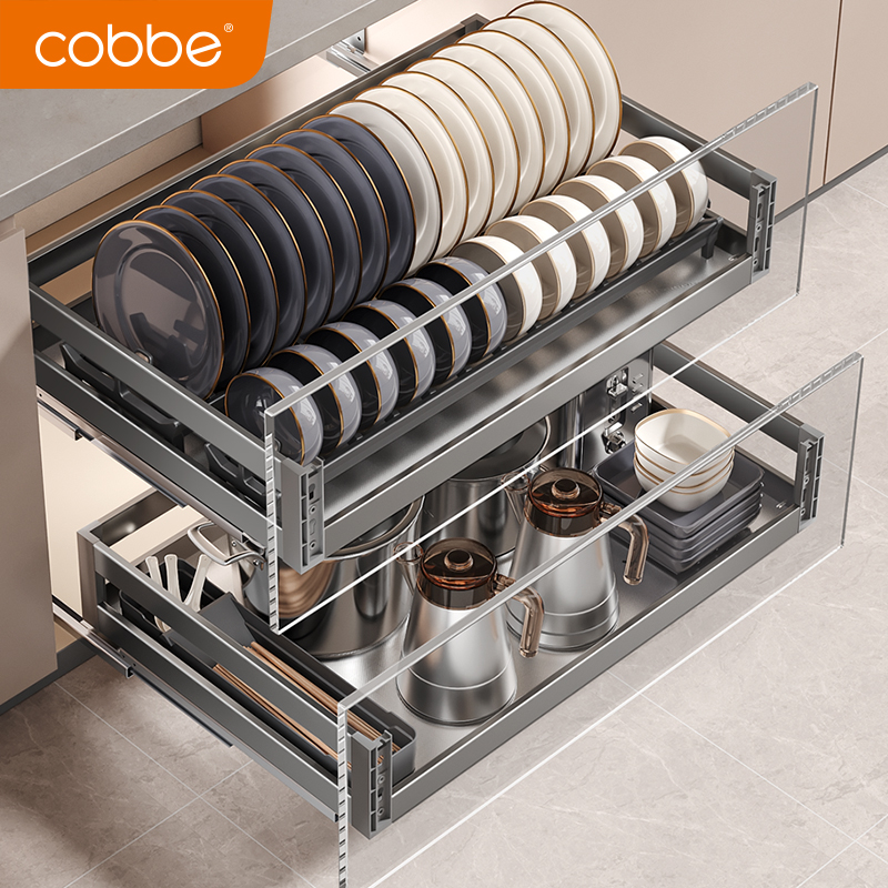卡贝登峰304不锈钢抽屉式拉篮厨房橱柜内双层收纳厨柜碗碟碗篮
