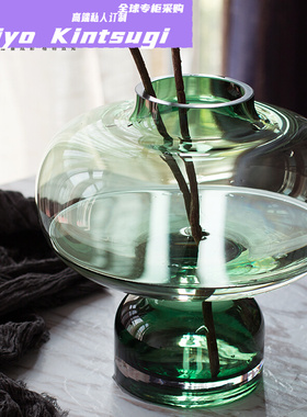 全球购FS北欧绿色玻璃花瓶创意小清新现代客厅餐桌透明插花花器摆