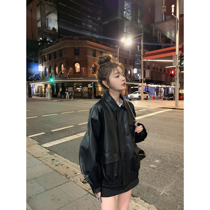 复古美式咖色皮衣夹克外套女秋季黑色甜酷风机车PU皮宽松长袖上衣