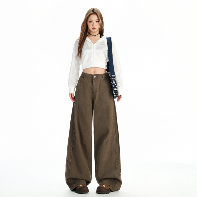 秋季新款阔腿牛仔裤女新中式港风设计感高腰宽松直筒垂感拖地裤子