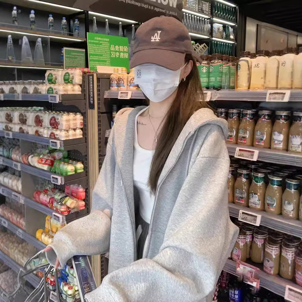 新款卫衣外套女连帽春秋冬盐系慵懒风ins潮加绒宽松开衫拉链长袖