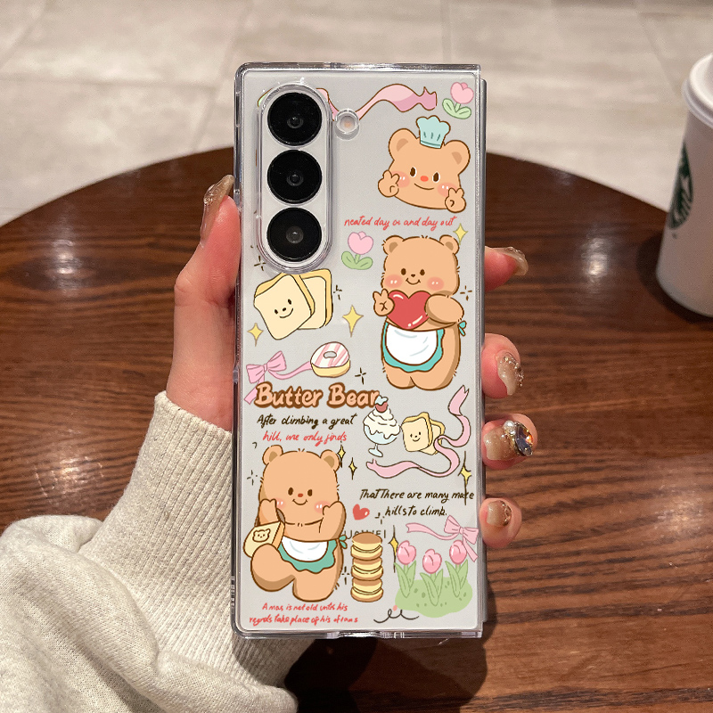 适用三星fold7手机壳fold6新款fold5大折叠屏zfold4翻盖fold3超薄透明黄油小熊全包防摔男女款硬外壳保护套