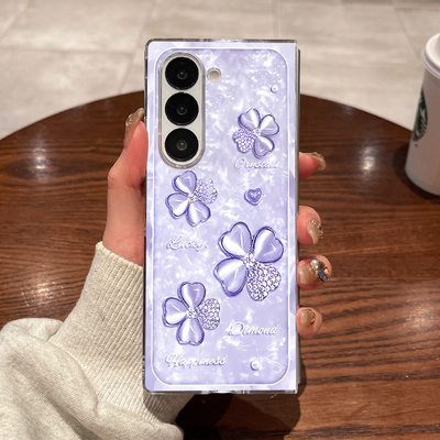 适用三星fold7手机壳fold6新款fold5大折叠屏zfold4翻盖fold3超薄透明浅紫四叶草全包防摔男女款硬外壳保护套