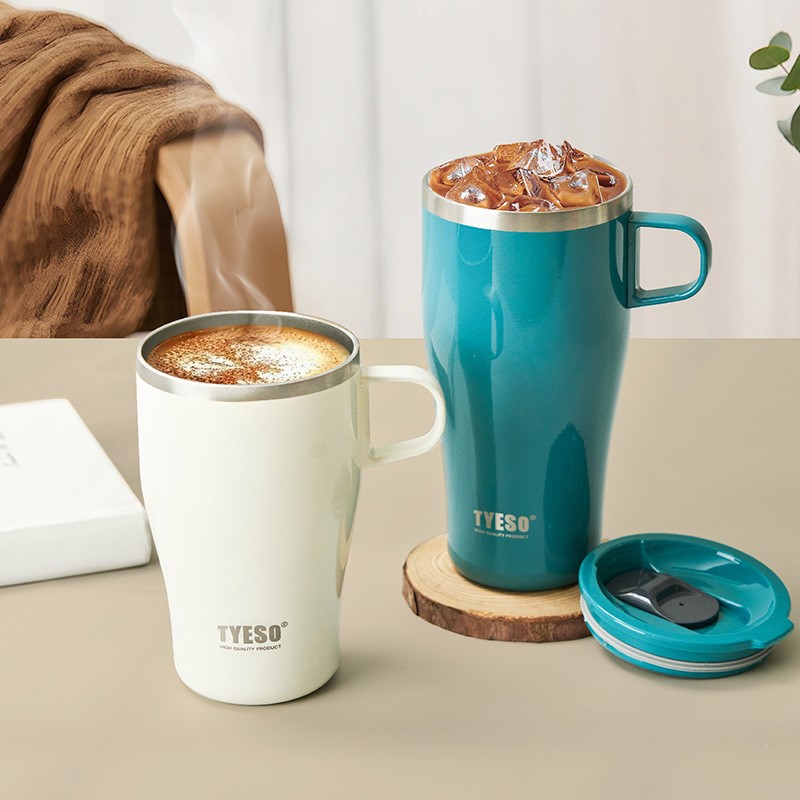 TYESO泰硕新款马克杯带手柄家用办公杯双层保温不锈钢桌面咖啡杯