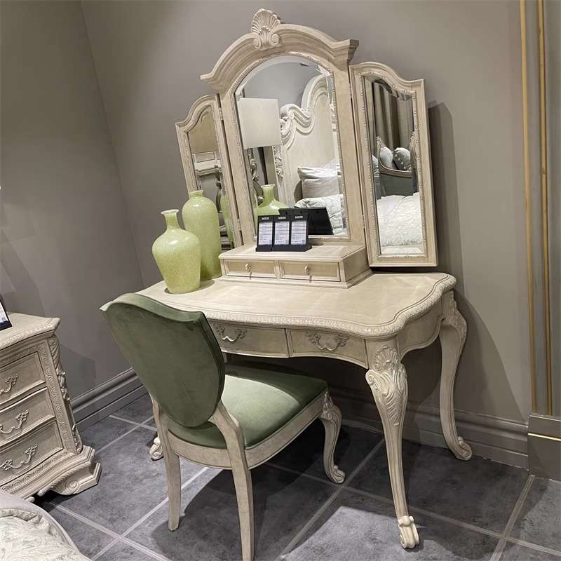 美式art梳妆台 复兴印记梳妆台实木雕花储物复古做旧化妆桌梳妆镜