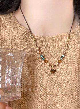 复古美拉德圆环虎眼石串珠项链