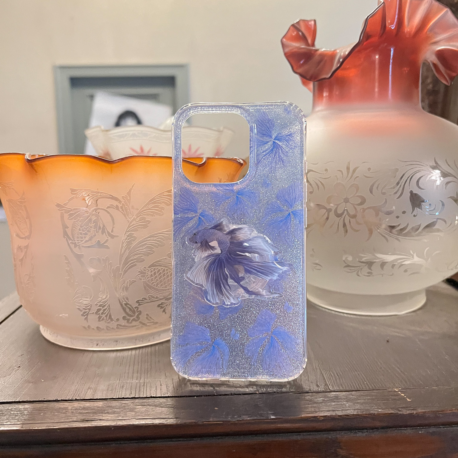 叶菽原创定制《蓝鲤》新中式国风清冷小众高级感IMD双层适用苹果13/14/15/16promax支架闪粉iPhone鱼手机壳