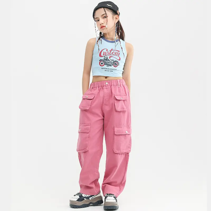 爵士舞服装女童练功服小背心粉色工装裤少儿童流行舞蹈表演服现货