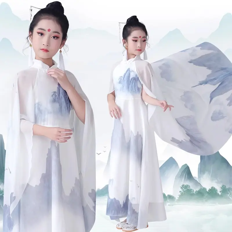 古筝演出服女大童考级立领盘扣