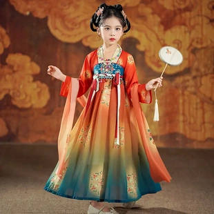 汉服女童花想容新款儿童古风长袖襦裙大唐公主中敦煌飞天花朵起绒