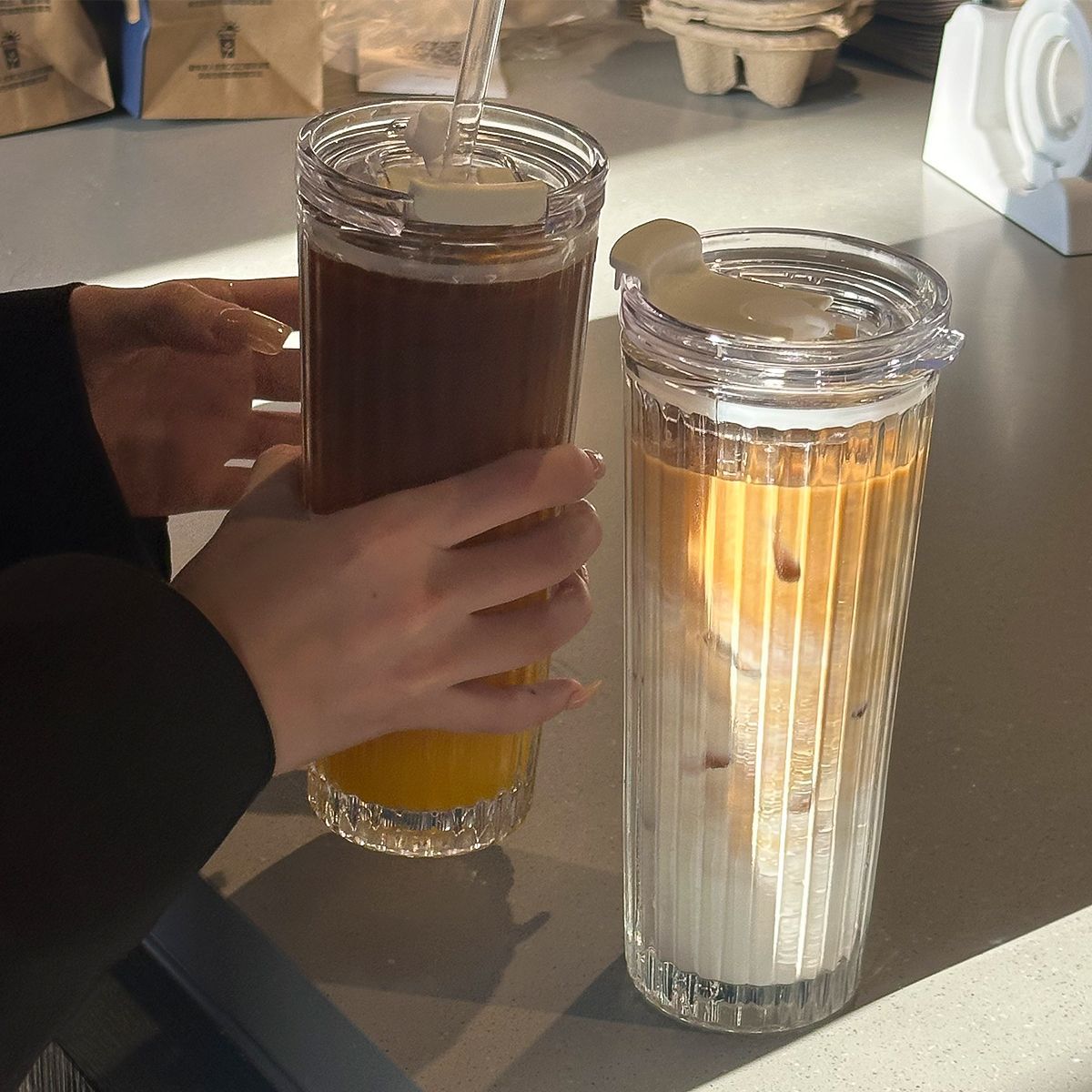 绚青玻璃杯大容量ins风带盖吸管杯果汁饮料咖啡杯办公水杯子男女