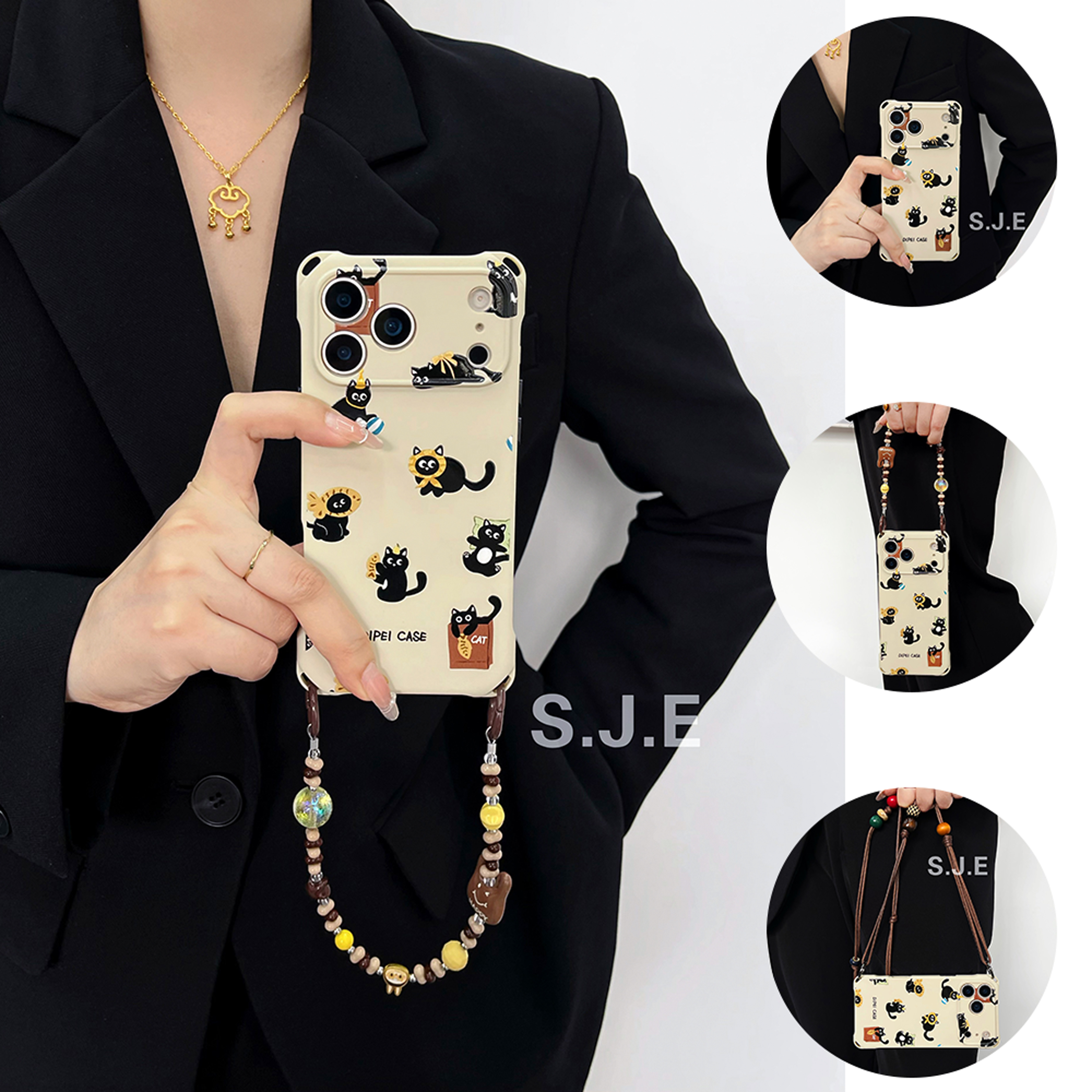 创意黑猫链条可斜挎手提手机壳