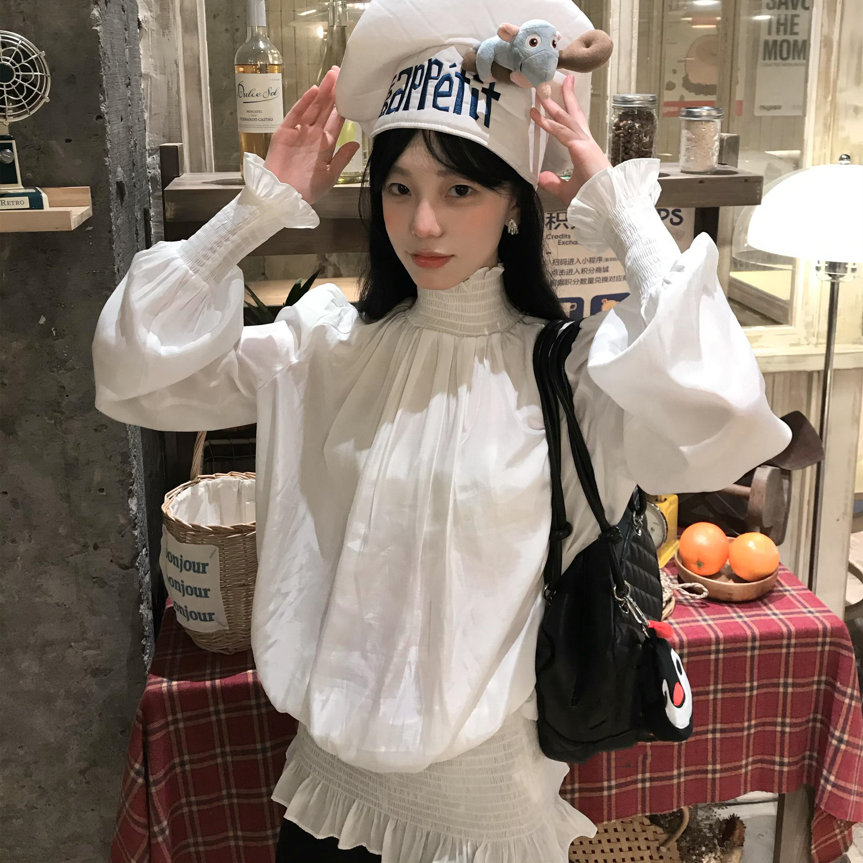法式温柔风白色花边长袖衬衫上衣
