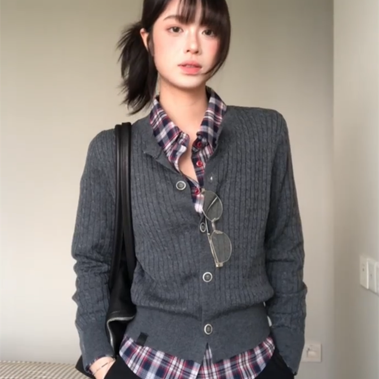 韩系复古灰色麻花长袖针织开衫女
