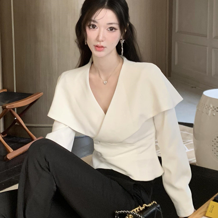 韩系高级感白色翻领披肩斗篷外套女秋冬季设计感小众修身收腰上衣