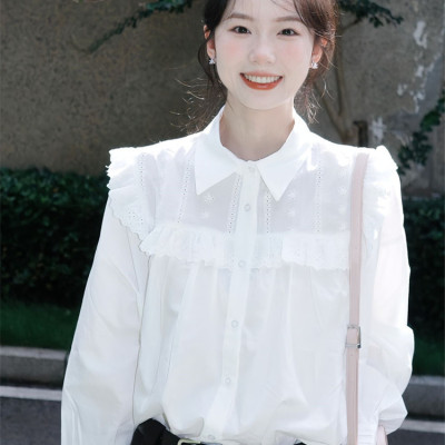 法式白色蕾丝拼接花边长袖衬衫女