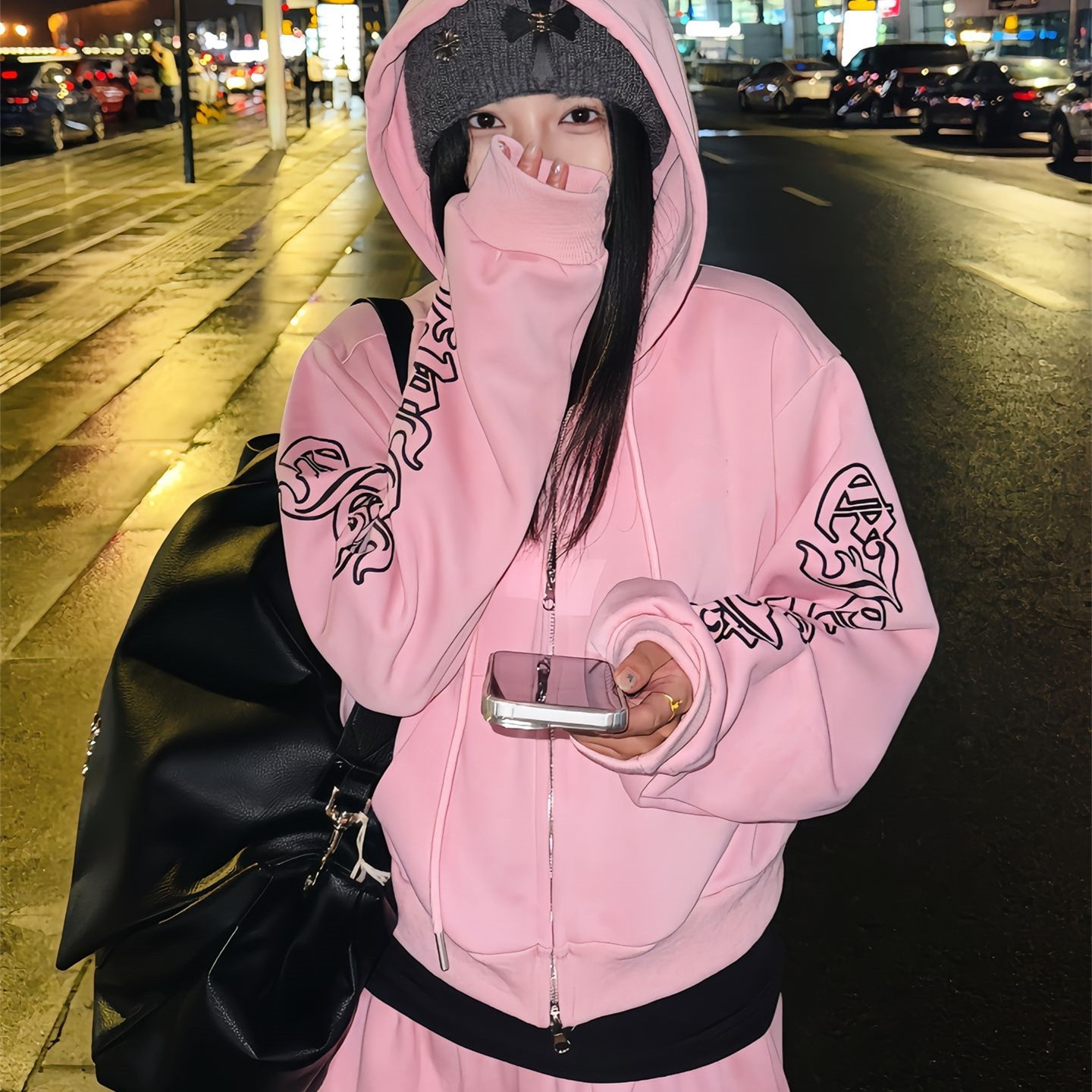 粉色卫衣套装连帽上衣外套阔腿裤